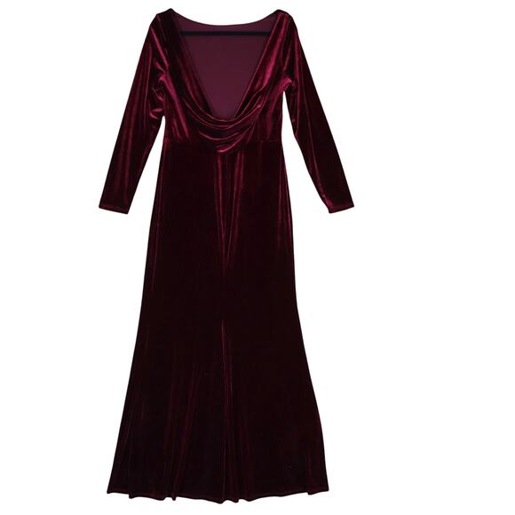 Rebecca B Womens Red Velvet Maxi Dress Size 12 Elegant Open Drape Back Leg Slit - Picture 4 of 13